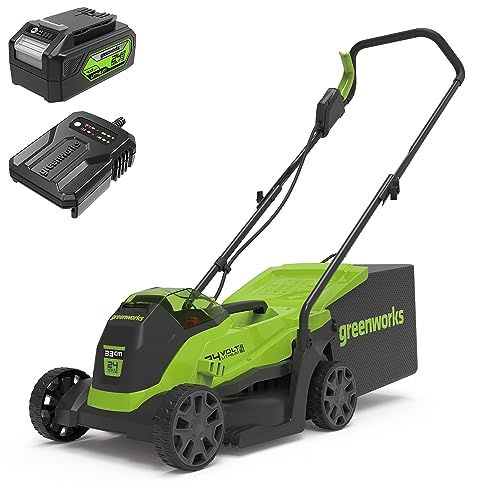 Greenworks 24V 33cm Brushless Tondeuse à Gazon sans Fil, Hauteur de Coupe 25-70mm, avec Sac 30L, Batterie 4Ah et Chargeur